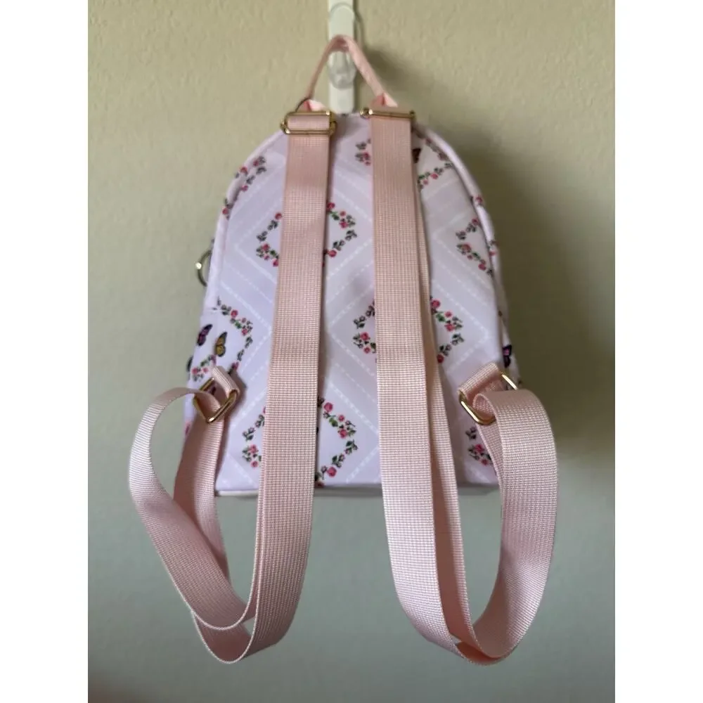 Pink Floral Roses Butterfly Pink Adjustable Straps Pocket Nylon Mini Backpack